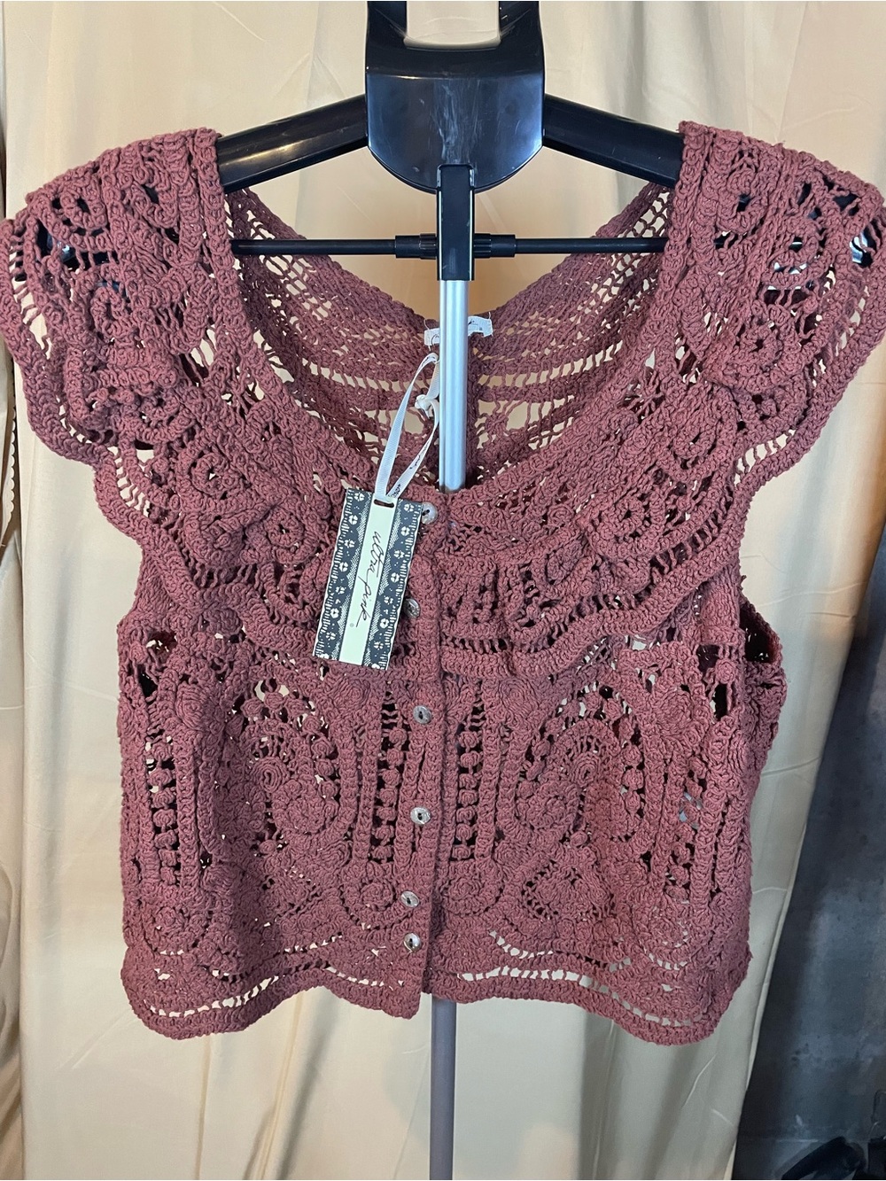 Ultra Pink Crochet Button-Front Top - Brown - XL - NWT